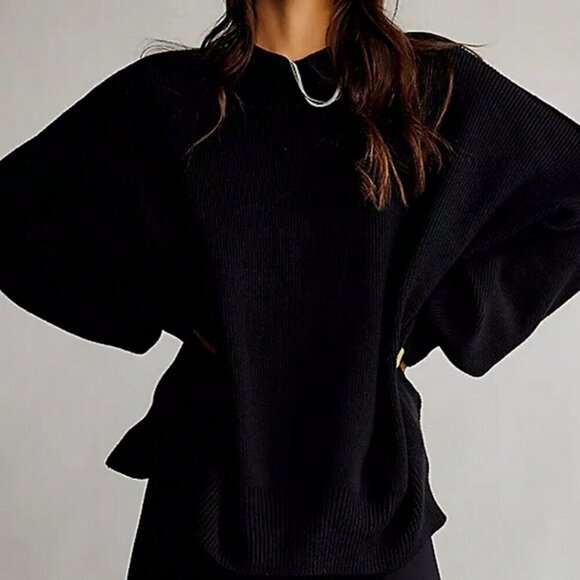 Black Casual Women's Drop Shoulder Split Hem knitSweater - Picture 4 of 4